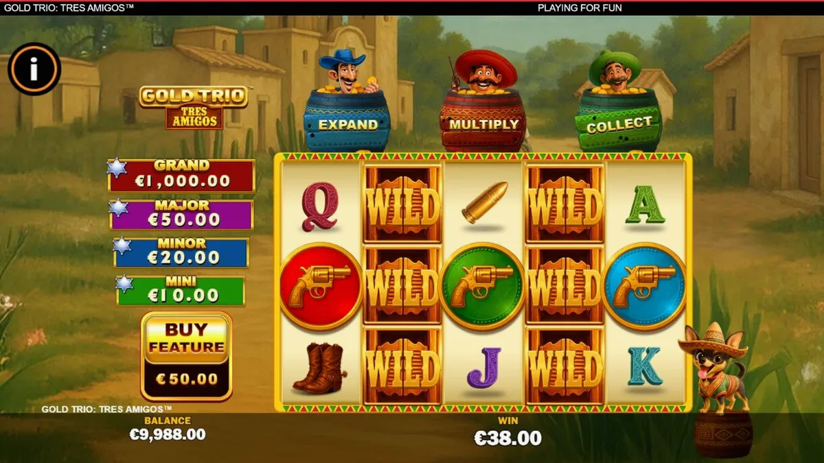 Tampilan visual slot Gold Trio: Tres Amigos dengan tema fiesta Meksiko